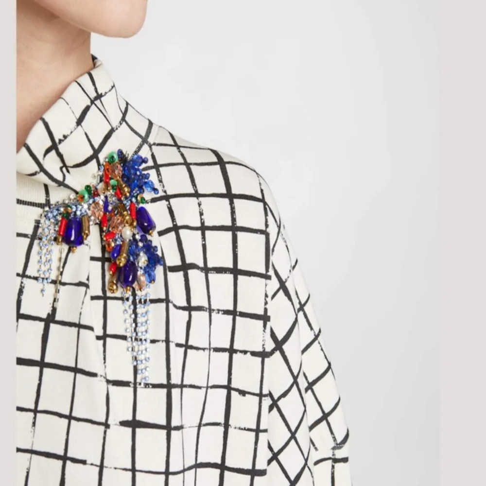 Dries Van Noten Halovara Grid Print Blouse Sweatshirt with Rhinestone Details - Picture 14 of 15